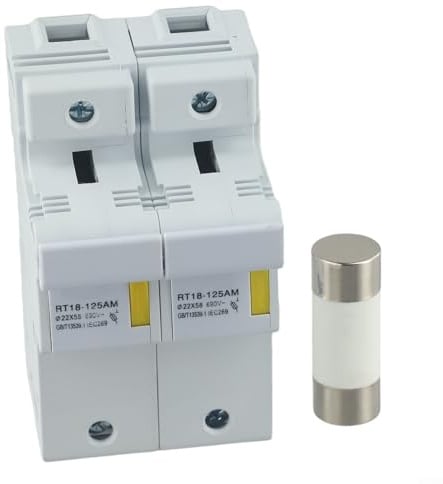 Feeshoppher Porte-fusible sur rail DIN 125A résistant au feu RT18-125AM 2P avec coque isolante ignifuge, noyau en cuivre, fente de fusible 22 x 58, entrée de câble en cuivre pur, vis galvanisées, E