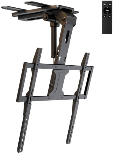 Supporto TV da Soffitto Elettrico per TV 37-75 Pollici, Staffa TV Motorizzata Pieghevole e Inclinabile con Telecomando, Portata 45 kg, Piastre di Estensione VESA, Nero