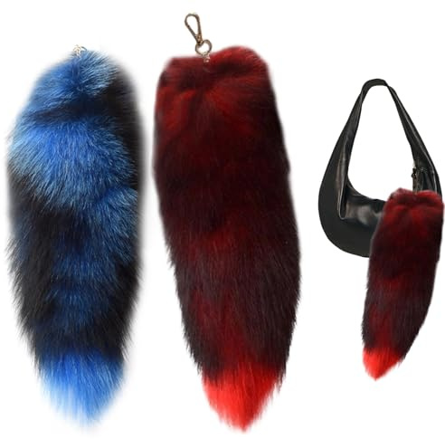 Porte-clés queue de renard en peluche, 2 pièces, queue de Therian décorative réaliste pour sac à main Cosplay rouge + bleu 40cm