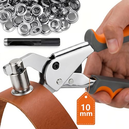 Kit de Ojales Metalicos con 200 Ojetes Metálicos (Ø10mm), Remachadora de Ojales con Alicates de Ojales y Perforadora, Herramienta Manual para Lona Cuero PVC Tela
