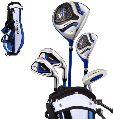 Precise X7 Junior Complete Kids Golf Clubs Set - Boys & Girls Right Handed Kids Golf Set w/ Driver, Hybrid, Irons, Putter, Stand Bag & Headcovers - Youth Golfing Clubs Sets for Ages 9-12 - Blue