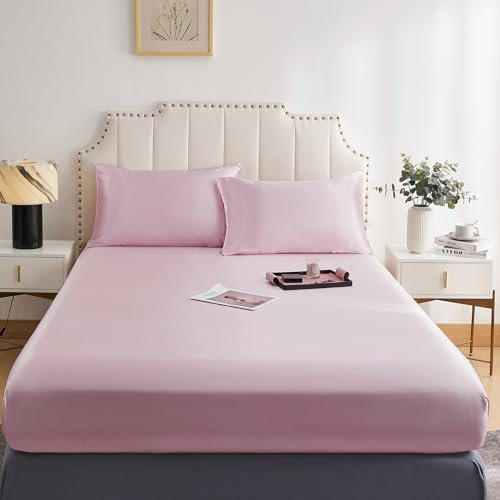 DuShow Satin-Spannbetttuch mit hohem Steg – atmungsaktiv, weich, komfortabel, knitterarm, schmutzabweisend, lichtfest und abriebfest (Einzelbett, Rosa)