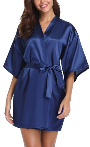 Vlazom Kimono Robe Damen Morgenmantel Kurzer Satin Bademantel Mit Gürtel V-Ausschnitt Kimono(M,Dunkelblau)