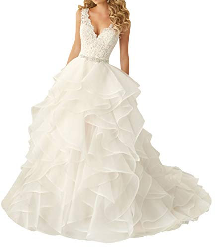 VKStar® Robe de Mariée Princesse Dentelle Col V Robe Mariage Femme Longue Organza Robe Mariée Boule Elégante Dos Nu Blanc 40