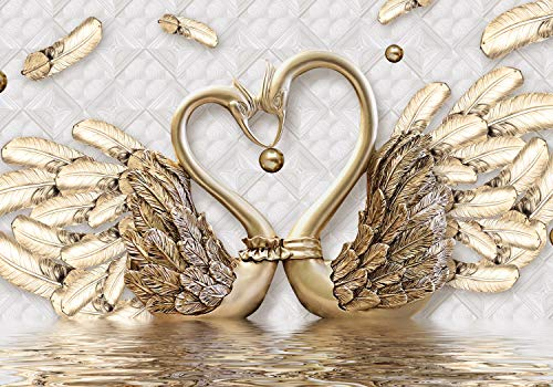 wandmotiv24 Fototapete Goldener Schwan Edel, XL 350 x 245 cm - 7 Teile, Wanddeko, Wandbild, Wandtapete, Federn, Wasser, Kunst M1831