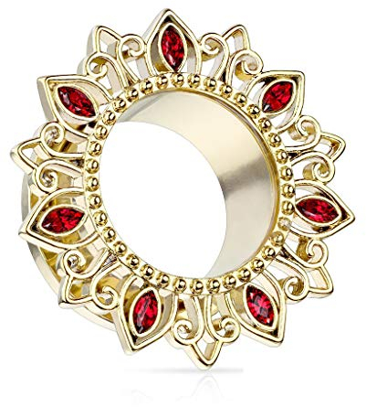 beyoutifulthings Ohr-Tunnel Blume Zirkonia Gold Rot Ohr-Piercing Edelstahl Ohr-Schmuck Screw Fit Flesh Plug Schraub-Verschluss 12mm