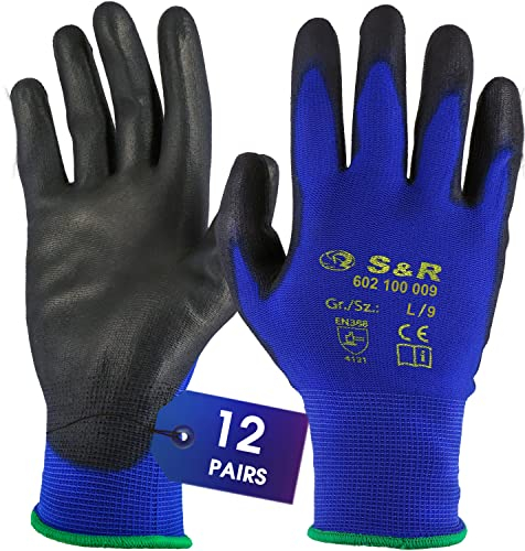 S&R Arbeitshandschuhe aus Polyesterfaser – Abriebfeste Schutzhandschuhe mit Polyurethanbeschichtung für Fein-Montage, Lager, Bau-Handwerk und Heimwerker