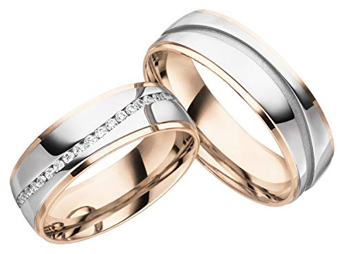 JC Trauringe Silber 925 Paarpreis Eheringe Rotgold Weißgold Plattiert 6,50 mm breit I Partnerringe mit Gravur in edler Schatulle I 2 Hochzeitsringe Herrenring & Damenring mit Steinen I LC129-P-3