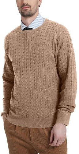 Kallspin Men’s Wool Blend Jumper Sweater Cable-Knit Crewneck Pullover Casual Knitwear(Coffee, M)