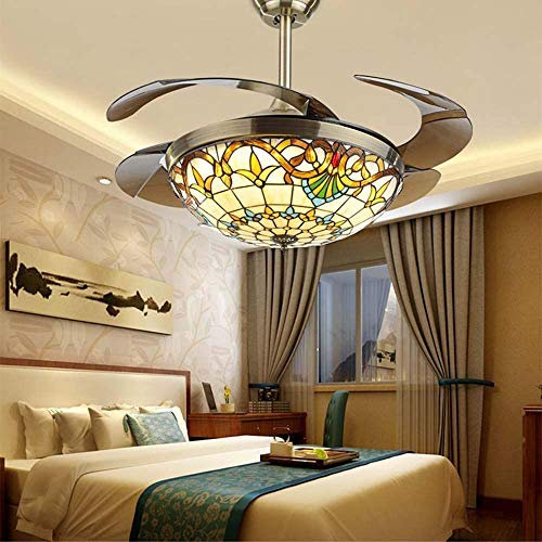 SHENGXUAN 42 Tiffany Ventilador De Techo con Luz, Ventilador Invisible Creativo Luz De Techo LED Control Remoto Regulable Ultra Silenciosa Manual Pintado Vidrio Multicolor Decoración Lámpara de Techo