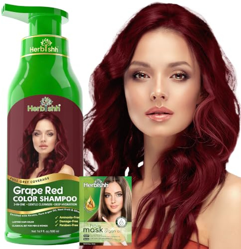 Herbishh Champú de color para cabello gris, rojo uva, 500 ml, sin amoníaco, champú 3 en 1 para teñir el cabello, colorea el cabello en minutos, color de larga duración