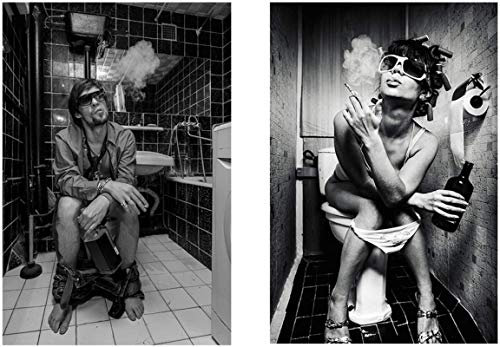 FGHSD Peintures sur Toile Toilette Sexy Femme Homme Couple Imprime Bar Fille Fumer et Boire Photo Affiche Moderne Noir Blanc décor 2x40x60cm sans Cadre