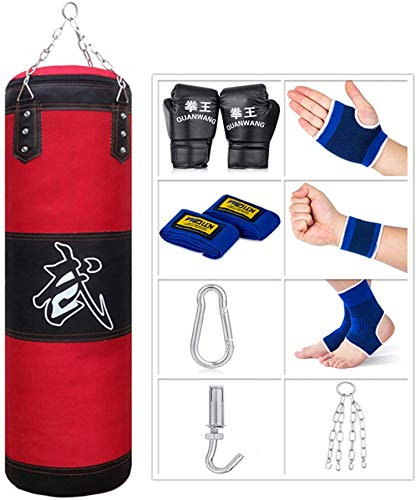 Sfeexun Boxsack Hängend Sandsack Boxen, 120cm Boxsack Kinder Boxsack Set Erwachsene Jugendliche Rot Box Sack Punching Bag mit Handschuhen, Kette, Deckenhaken für Muay Thai MMA UFC (Nicht Gefüllt)