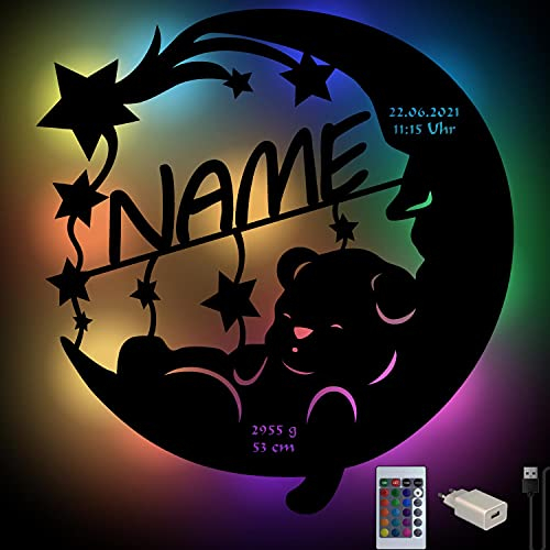Personalisierbares Nachtlicht Bär auf Mond aus Holz | Kinderzimmer Lampe mit Name | Warmweiß oder RGB LED mit Fernbedienung | HDF und Pappelsperrholz Deko für Babyzimmer & Geschenk Geburt