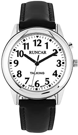 MAUJOY Men's English Talking Watch(Black Leather Watch Band) Announces Time, Date & Alarm, Ideal for Elderly, Visually Impaired & Blind, Easy for Daily Use