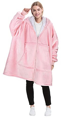 Catalonia Classy Full Zipper Oversized Hoodie Blanket, Cozy Gifts, Wearable Sherpa Blanket, Soft Warm Jumpers, Comfortable Giant Hoody Sweater Adults Men Women, Pink