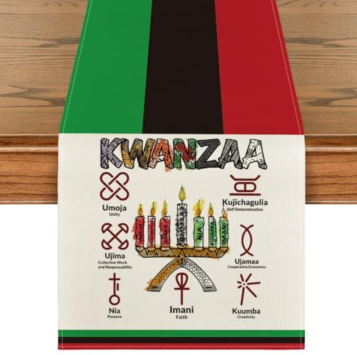 Artoid Mode Kwanzaaa-Tischläufer, grün-schwarz, rote Kinara-Kerzen, sieben Prinzipien, afrikanische schwarze Feiertagsküche, Esstischdekoration für drinnen und draußen, Partydekoration, 33 x 183 cm