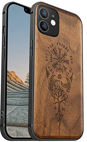 Carveit Magnetisch Hülle für iPhone 12 [Elegante Walnuss] [Weich TPU Stoßstange] Stoßfeste Handyhülle Kompatibel mit 12 Magsafe Hülle Holz （Wikingerkompass Vegvisir）