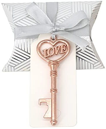 Makhry 50 Pezzi a Forma di Cuore con Love Apribottiglie Chiave Vintage Bomboniera Set Regalo Souvenir con Etichetta Grazie e Nastro di Seta (Oro Rosa)