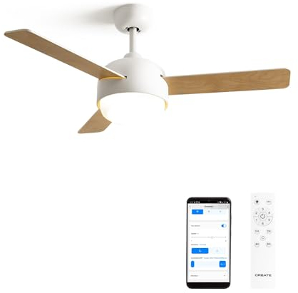 CREATE / WINDBALL/Ventilador de techo con luz con Wifi y mando / 40 W, Aspas reversibles, Ø112 cm, 2 alturas, 6 velocidades, temporizador, 3 temperaturas de luz, función verano-invierno