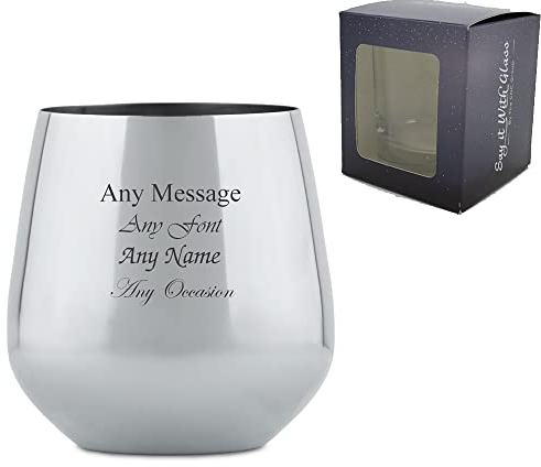 Vaso de vino plateado de metal grabado personalizable, personalizable con cualquier mensaje para cualquier ocasión, estiliza con una variedad de fuentes, caja de regalo incluida, grabado con láser