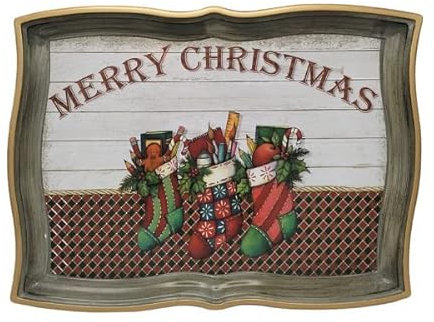Vassoio di Plastica Natalizio Effetto Legno Rettangolare Bordo a Onde Ondulato da Portata, per Dolci Natalizi, Decorativo per Tavola di Natale, con Scritta Merry Christmas, 43 x 32 centimetri