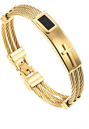 PAURO Uomo Acciaio Inossidabile Oro Bracciale a Croce in Corda ritorta Cable Wire