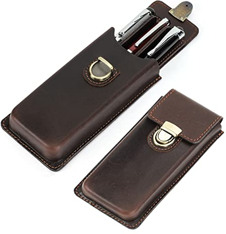 CONTACTS Genuine Leather Pen Case, Vintage 3 Pens Holder,Pen Protective Sleeve for Travel, Elegant Desk Accessory,Pencils Organizer Box