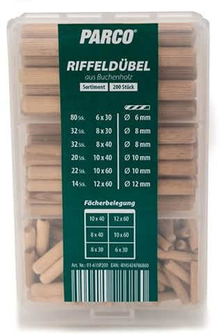PARCO Riffeldübel, Holzdübel, Holzstopfen, Dübelstangen, Holznadeln beidseitig gefast Sortiment 200-Teilig