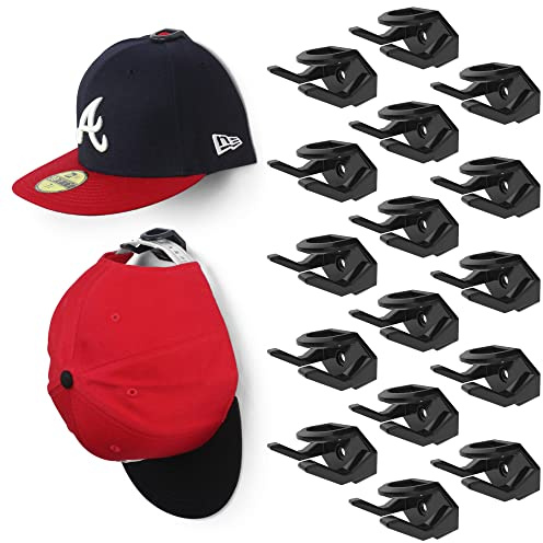Modern JP Adhesive Hat Hooks for Wall (16-Pack) - Hat Rack for Baseball Caps, Minimalist Hat Display, Strong Hold Hat Hangers for Wall - USA Patented, Black