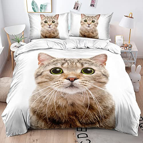 DXHOME Katzen Bettwäsche 135x200 3D Haustier Britisch Kurzhaar Wendebettwäsche 2 teilig Flauschige Gold Weiß Mikrofaser Bettwäsche Kinder Mädchen Jungen mit Reißverschluss und 80x80 cm Kissenbezug