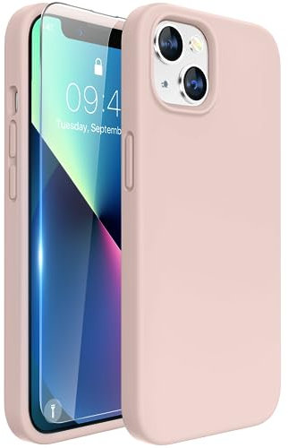 Miracase Designed for iPhone 13 Case with Screen Protector, [Soft Anti-Scratch Microfiber Lining], Shockproof Liquid Silicone Rubber Phone Case Cover for 13 6.1 inch(Sand Pink)