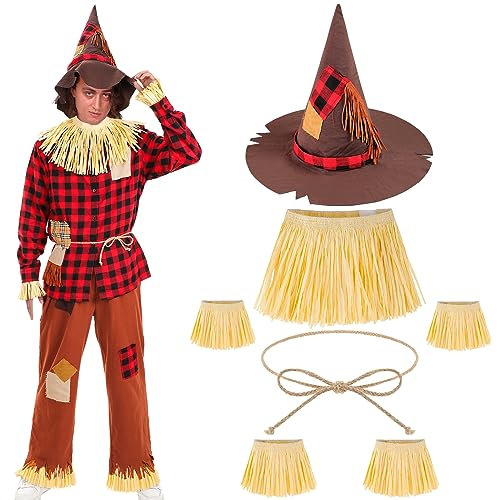 Ramede 9 Pcs Scarecrow Costume for Adult Halloween Straw Costume Kit Scarecrow Accessories for Men Women Cosplay (X-Large)