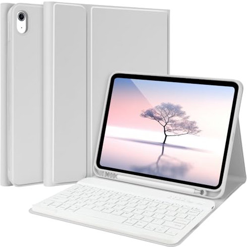 TQQ iPad 10th Gen Case with Keyboard (10.9, 2022) - Detachable Pencil Holder - Flip Stand Cover - Grey