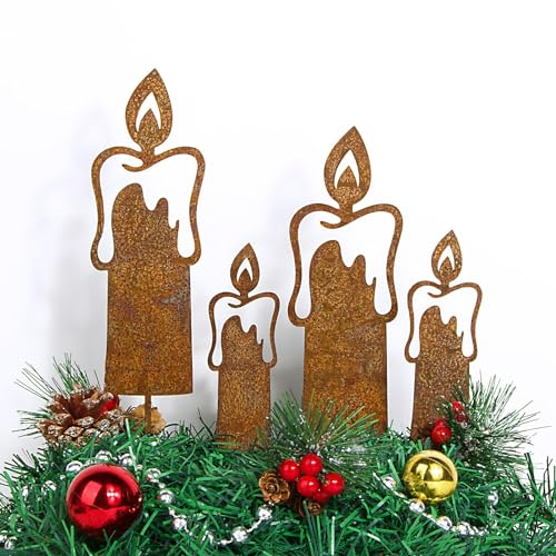 BOFUNX 4PCS Rost Kerzen Roststecker Rost Gartenstecker Weihnachtsdeko Gartendeko aus Metall Rost Deko für Advent Weihnachten Garten Terrasse Balkon