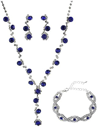 FDEETY Schmuckset Damen Braut Strass Halskette Ohrringe Armbänder Sets Brautjungfer Schmuckset Geschenk Brautschmuck Hochzeit für Braut Brautjungfer (Blau)
