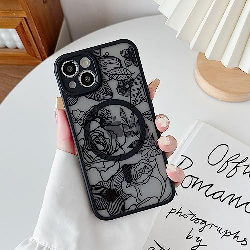 XIZYO Magnetisch Hülle für iPhone 15 Kompatibel mit MagSafe, Transparent Matt Rose Floral Blume Muster Stoßfeste Handyhülle, Weiche TPU Stoßstange Schutzhülle, Schwarz
