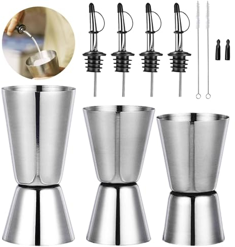 3 Pcs Verre Doseur Cocktail, Doseur Alcool, 15/20/25/30/40/50 ml Tasse à Mesurer à Double Alcool en Acier Inoxydable, avec 4 Verseur de Vin 2 Capuchons en Caoutchouc 2 Brosses, Pour Bar