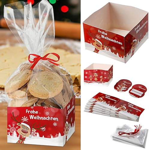 Gebäcktüten Pralinenschachtel 6er Set | Pappschachtel Polybeutel Anhänger Band | Weihnachtsplätzchen Pralinen Geschenktüten (1 x 6er Set Gebäckschachteln)