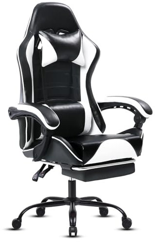 Fruyyzl Sillas Gaming con Reposapies, Silla Gamer Adulto con Respaldo Lumbar, Silla Escritorio Gaming Ajustable en Altura, Silla Ordenador en Piel Sintética (Gama Media, Blanco)