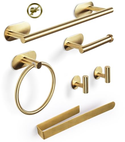 Virklyee Conjunto Toallero Toallero de 6 Piezas con Toallero Barra,Toallero Adhesivo, Soporte de Papel Higiénico, 2 Ganchos Montado en la Pared Accesorios de Baño Autoadhesivo (Oro)