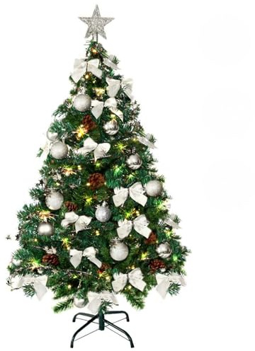 Weihnachtsbaum künstlich (WBD) 150 cm grün mit Weihnachtsdeko Silber und Led Lichterkette mit Batteriebox und Fernbedienung künstlicher Christbaum klein Tannenbaum