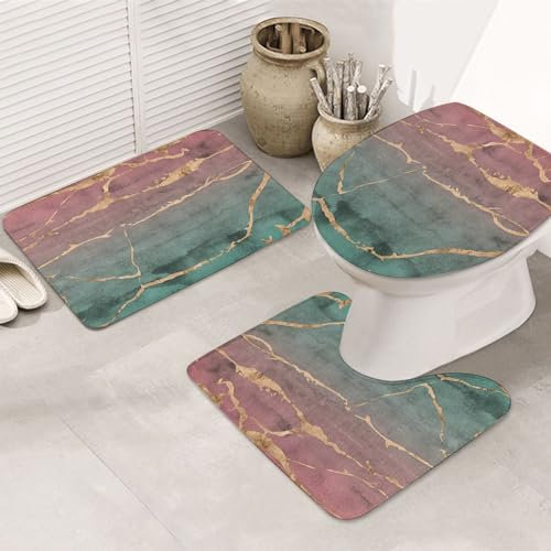 ERICAT Bathroom Rugs Sets 3 Piece,Sliced Marble Rose Gold Overlaid on Pink and Green,Non Slip Absorbent Microfiber Bath Mat Machine Washable Bathroom Floor Mats