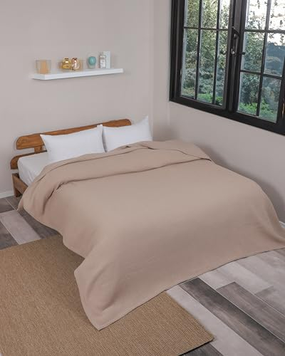 nottoc Doppelte Tagesdecke Beige 220x240cm - Premium Waffelpique 100% Baumwolle - Leichte Sommerdecke in Waffeloptik - Baumwolldecke als Bettüberwurf, Sofaüberwurf, Couch überwurf - Sofadecke