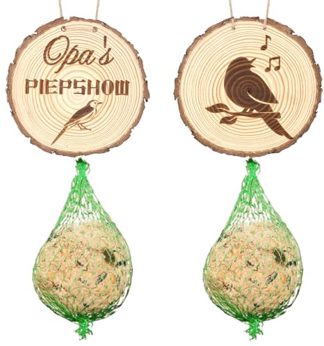 LHOEST 6 Stück Geschenke für Bester Opa, Opa Garten Geschenk Geburtstag aus Holz, Doppelseitiges Muster, Meisenknödelhalter Mit 5 Netzbeutel, Vogelfutterhaus Wildvögel, Opas Piepshow Aufhängen