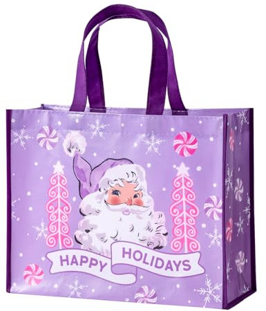 WRAPAHOLIC Große wiederverwendbare Geschenktasche mit Griffen, 25,4 x 12,7 x 33 cm, violettes Weihnachtsmann-Design, perfekt für Urlaub, Partygeschenk, Einkaufstasche