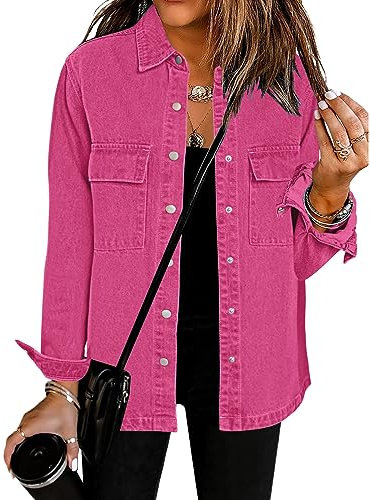 Roskiky Vestes en jean pour femme boutonnées en denim avec poches, Rose chaud, XL