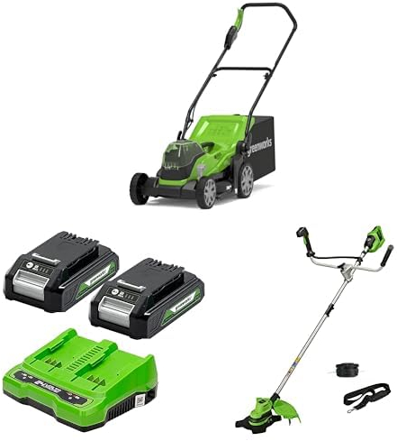 Greenworks 2x24V(48V) Cordless Lawnmower with Mulcher G24X2LM36 + 24V Batteries and Charger GSK24B2X + 48V Cordless Brushcutter GD24X2BCB