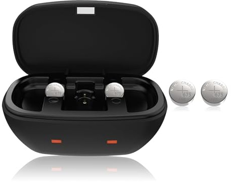 Wokyo Baterías recargables para audífonos y cargador para amplificadores de audífonos 675, cargador de batería con 4 pilas recargables de botón