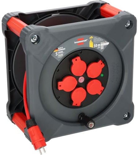 Brennenstuhl Professional Baustellen-Kabeltrommel KA 5110 5 IP44 (50m BQ-Kabel in rot, 5 Schutzkontakt-Steckdosen, Baustelleneinsatz und ständiger Einsatz im Freien, Made in Germany)